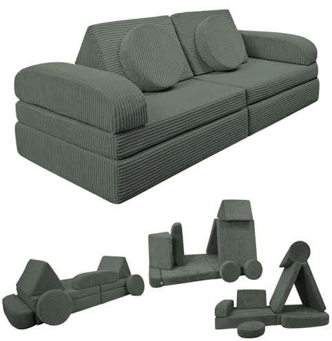 Izabell® Divano modulare per bambini e divano da gioco - Divano creativo in morbido velluto a coste con protezioni impermeabili, perfetto per giocare e come letto per bambini (verde)