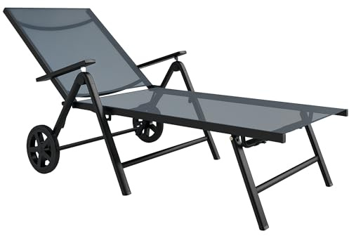 Outsunny Folding Sun Lounger with Wheels, 5-Position Adjustable Garden Chaise Lounge Sunbed with Armrests, Metal Frame Outdoor Portable Reclining Chair for Beach, Porch, Grey
