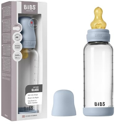 BIBS Baby Glass Bottle. 240ml Biberon en verre. Anti-colique. Embout rond en latex de caoutchouc naturel. Favorise l’allaitement naturel, 240ml, Complete Set - Baby Blue