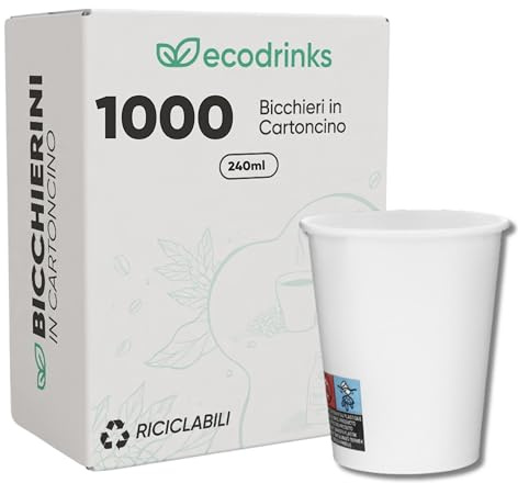 ecodrinks - Bicchieri Carta Bianco 240ml, 1000 Pezzi | Per Acqua, Cocktail, Bevande Calde e Fredde, Biodegradabili, Eco-friendly, Made in Italy