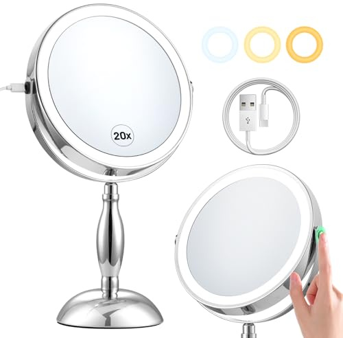 VORREMIRR Make-up-Spiegel mit Lichtern, 20X-Vergrößerungsspiegel mit Licht und STC-Seitenlade- und Seitenberührungsschalter, Vanity-Spiegel mit 3-farbigem Licht und 2-seitigem 360 ° Rotationsspiegel