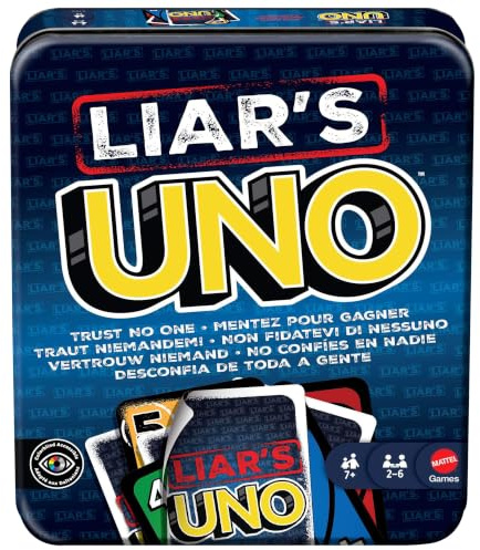 Mattel Games - Liar's UNO, nuova versione dell'iconico gioco in scatola da viaggio con bluff e trucchetti, inganna gli altri giocatori e fai dubitare i tuo avversari per vincere, 7+ anni, JLH68