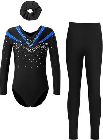 Sinleey 3 Teiliges Gymnastikset Langarm Gymnastikanzug Turnanzug mit Hose Leggings und Haarband Sportanzug Tanz Eiskunstlauf