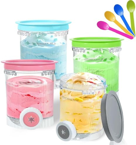 CDDCWZ 4 Stück Eisbehälter, 480 ml, kompatibel mit Ninja Swirl Creami | Eismaschinen der Serien NC700 und NC701, BPA-frei, spülmaschinenfest, Eismaschinen-Zubehör (4er-Pack mit bunten Löffeln)