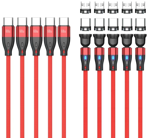 Junichi Magnetisches Ladekabel USB C auf USB C/Micro USB Magnetkabel (5 Stück,0.5m+1m+1m+2m+2m) PD 60W Schnellladung 540° Drehung 2-in-1 Magnet USB kabel für Android Micro USB Typ C Smartphone Laptop