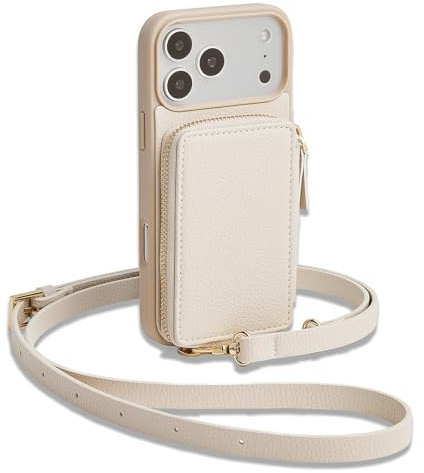 CUSTYPE Für iPhone 17 Pro Max Hülle mit Geldbörse & Kartenfach, Mikrofaserleder Handykette, mit Schulterriemen Beige 6,9''