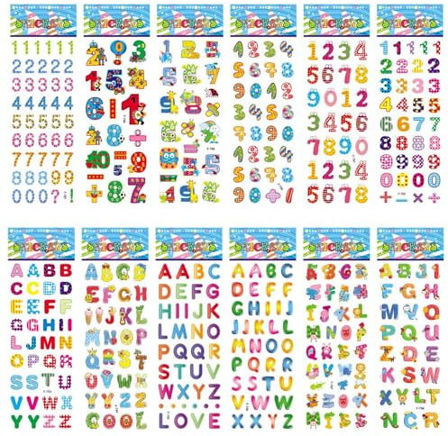 Nurila 12 Stück Buchstaben Aufkleber, 3D Zahlen und Buchstaben Sticker, Klebebuchstaben, Bunt Buchstabensticker, Alphabet Aufkleber für Sammelalben, Notizbücher, Fotoalben, Grußkarten, Federmäppchen