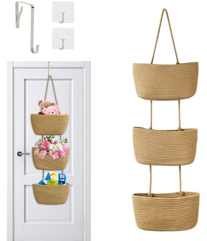 JOAASU Over the Door Hanging Basket, 3-Tier Cotton Rope Woven Storage Basket, Decorative Hanging Baskets, Wall Mount Storage Baskets with Hooks for Bedroom, Bathroom, Nursery (Khaki)