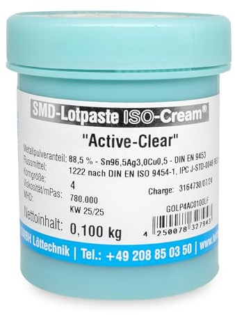 GALLUNOPTIMAL by FELDER bleifrei SMD-Lötpaste ISO-Cream Active-Clear REL1 SAC305 Sn96,5Ag3Cu0,5 Typ 4 (20–38 µm) 217–219 °C 100 g Dose – für Elektronikindustrie GOLP4AC0100LF