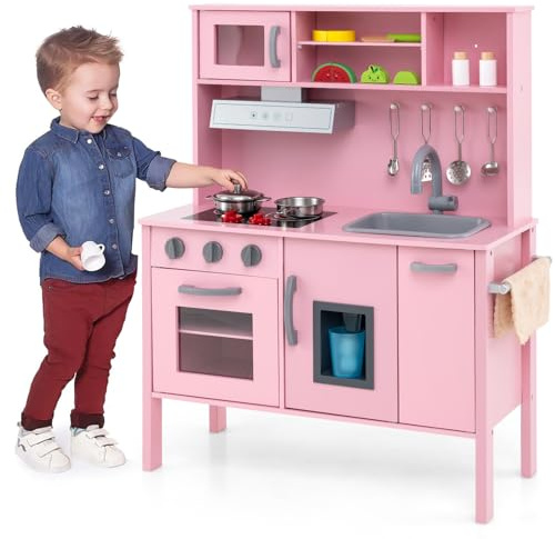 FANTASK Spielküche, Kinderküche Holz mit Spüle Mikrowelle Eismaschine Backofen, Spielzeugküche inkl. 18 Zubehör, Kinder Küche Holz, Holzküche für Kinder ab 2 Jahre (Rosa)