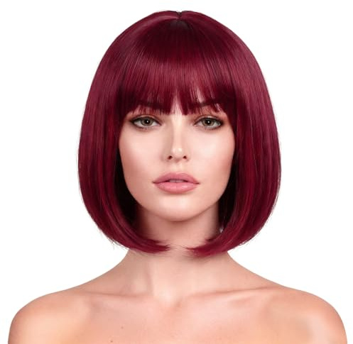Short Bob with Bangs, 12 Inch Heat-Resistant Synthetic Hair for Women Cosplay Party (Claret)