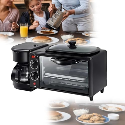 Colazione 4 in 1 Con Mini Forno 7L, Piastra Antiaderente, Tostapane E Macchina Caffè, Perfetta per Cucine Compatte, Dormitori Universitari E Camper