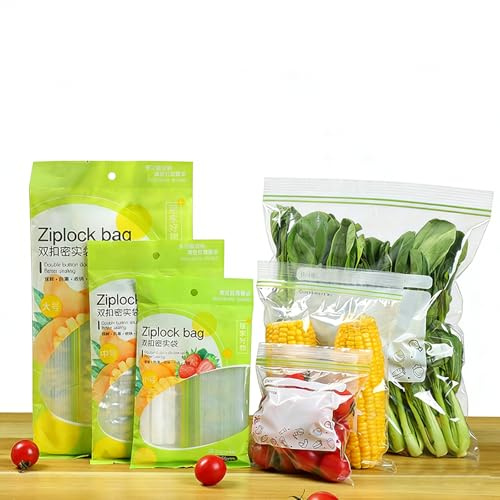 DBOO Lot de 70 sacs de congélation réutilisables avec double fermeture éclair, sacs à fermeture éclair de qualité alimentaire pour le stockage frais des fruits, légumes, viande et soupe | 3 tailles