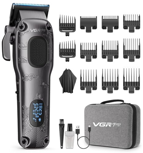 VGRPRO Hair Clippers for Men Professional, Cordless & Corded Barber Clippers for Hair Cutting with Package Case, Electric Grooming Kit for Home & Barber Use, LED Battery Display (Gray)