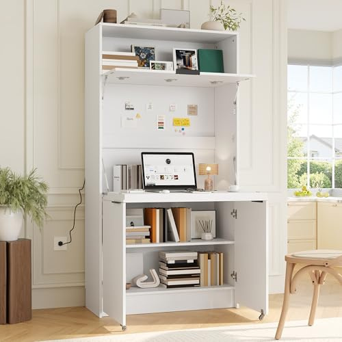 Merax 69 Multifunctional Kitchen Pantry Buffet with Hutch, Foldable Secretary Desk & Power Outlet, Adjustable Shelf Storage Cabinet for Dining Room, Living Room, White