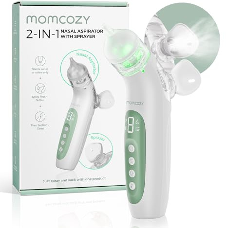 Momcozy BN007 BreezyClear Nasensauger Baby elektrisch, 2-in-1 mit Sprühfunktion, 65 kPa Saugkraft, 4 Stufen, leise & tragbar, mit Licht & Musik