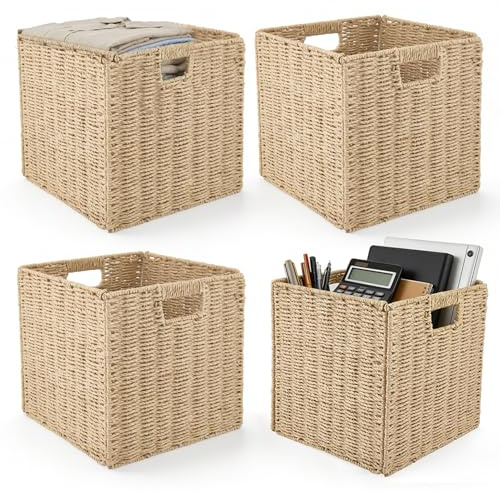 Yigowyigo Kallax Boxen 4er-Set, Boxen Kallax Regal Körbe Geflochten Aufbewahrungskorb 30x30x30cm Natur Flechtkorb Regalboxen mit Griffen, Storage Box für Regale Passend für KALLAX Regal Korb