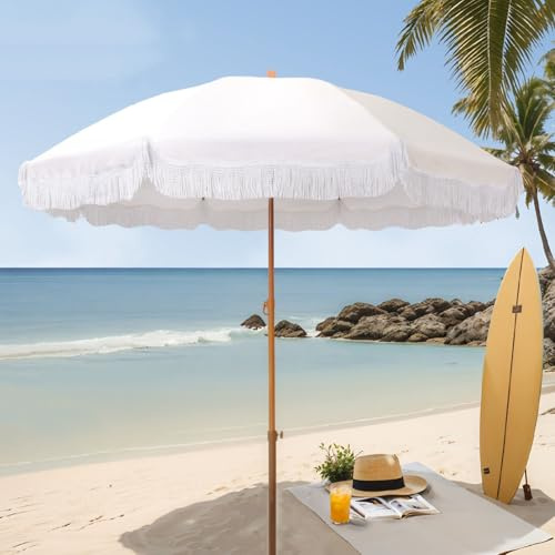 Générique Parasol De Plage À Pompons pour L'extérieur, Parasol De Terrasse Blanc Style Bohème, Pare-Soleil Portable Et Réglable avec 8 Baleines en Acier pour Jardin, Piscine, Pelouse, Fêtes, 200 Cm