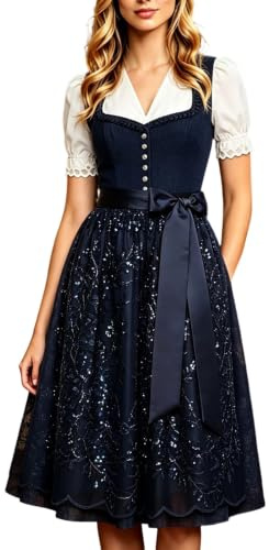 Vestido Dirndl de 2 piezas para mujer bordados, vestido tradicional Midi con pajarita Chic Tradicional con Blusa Dirndl Delantal para Fiesta de la Cerveza Carnaval Ocasiones, Azul oscuro., S