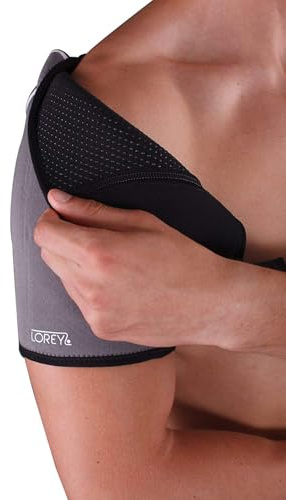 LOREY Turmalin Schulterwärmer für Frauen/Männer, Schulterstütze aus offenporigem Neopren, Schulter-Bandage für Stabilität und Unterstützung am Schultergelenk, Größe L, rechte Schulter