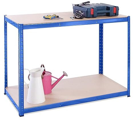 Garagen-Werkbank und Regalsystem: 90 cm x 120 cm x 60 cm | Blau - 2 Stufig | 300 kg pro Regal (600 kg Kapazität) | 5 Jahre Garantie