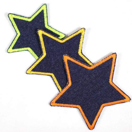 Flicklen zum aufbügeln Set Aufbügler Sterne 3 Bügelficken Jeans blau klein 7cm / mittel 8cm / groß 10cm neon Bügelbilder für Kinder und Erwachsene