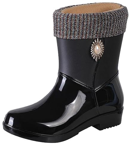 ANUFER Dam elegant rund tå mitten av vaden regnstövlar med avtagbar luddfoder, Svart noir noir, 39.5 EU