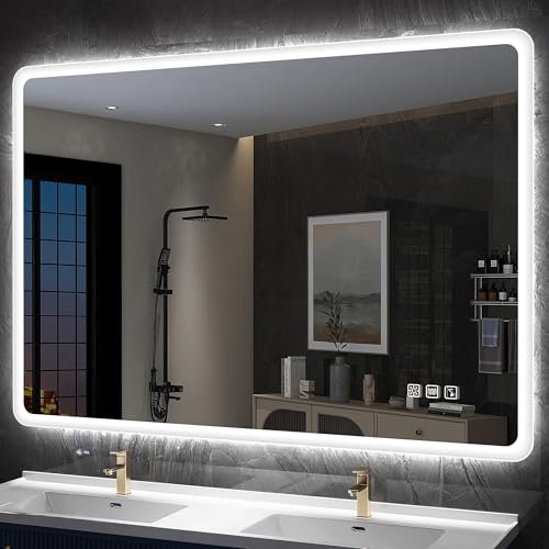 S'bagno Miroir-Salle-de-Bain-avec-Eclairage 100x70cm, Miroir-LED-Lumineux-avec-Bluetooth, Anti-buée, 3 Couleurs, Dimmable, Mémoire, Verre Trempé HD, Étanche IP44, Horizontal/Vertical