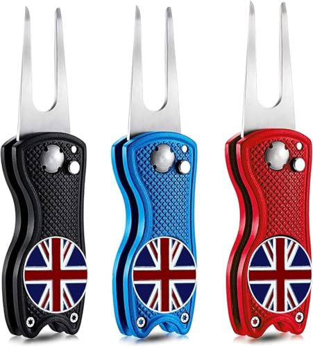FINGER TEN Golf Divot Repair Tool with Ball Marker 3 Pack(Blue+Black+Red) | Foldable Tool with Pop-up Button, Stainless Steel Construction, Compact Pocket Size, Sturdy Fork for Quick Green Repair
