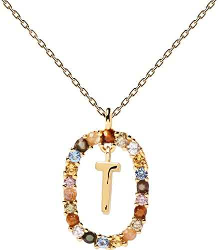 PDPaola Halskette mit dem Buchstaben T aus 18 Karat goldplattiertem Sterling Silber mit Edelsteinen und Kristallen, CO01-279-U
