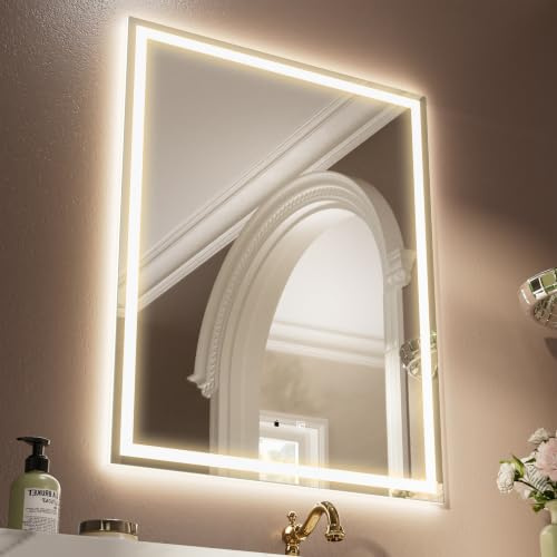 GANPE Specchio con sensore a LED, specchio a induzione a forma di onda a mano, con blutooth, dimmerabile e anti appannamento, IP44, impermeabile, da parete (70_x_90_cm)
