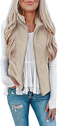 Rapbin - Gilet in pile da donna, effetto peluche, per autunno e inverno, caldo, senza maniche, leggero, casual, tinta unita, Gilet cachi, XL