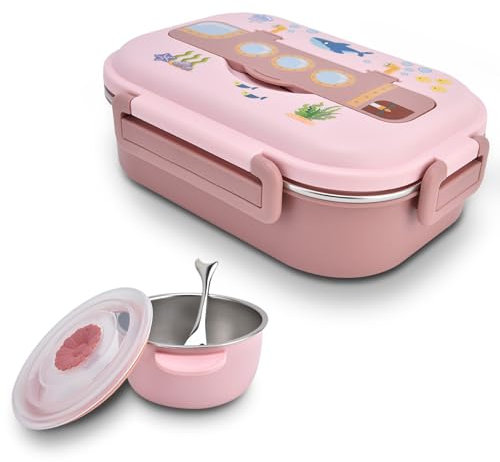 Bento-Box Aus Edelstahl, Lunchbox Brotdose Mikrowellengeeignet Edelst Metall-Lunchbehälter Mit 3 Fächern Auslaufsichere Tragbare Bento-Box Mit Suppenschüssel Und Löffel Für Kinder Und Erwachsene