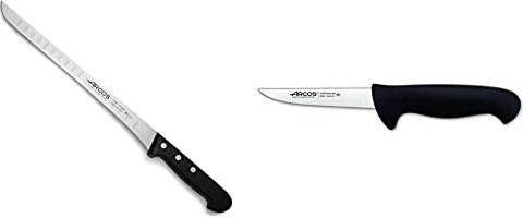 Arcos Serie Universal, Cuchillo Jamonero, Hoja de Acero Inoxidable Nitrum 240 mm con alveolos + Serie 2900, Cuchillo Deshuesador, Hoja de Acero Inoxidable Nitrum de 130 mm