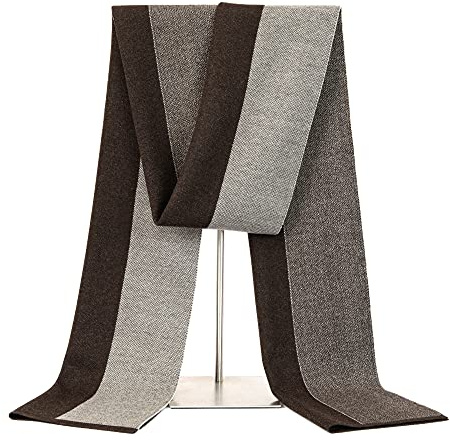 Lallier Bufanda de lana merina para hombre, corbata larga de invierno con caja de regalo, Raya Café