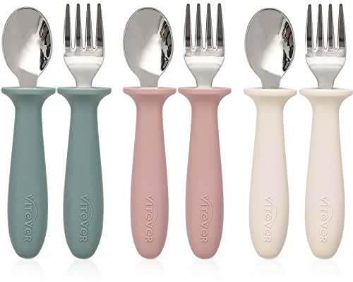 VITEVER 6 Pieces Toddler Utensils, Kids Silverware Set with Silicone Handle, Children Safe Spoons and Forks, 18/8 Stainless Steel, Food-grade Silicone - Dishwasher Safe