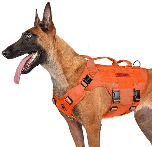 OneTigris Hundegeschirr, X Destroyer Taktisches Einstellbar Antizuggeschirr Ausbruchsicheres Geschirr mit 3 Griffe 2 Metallschnallen Sicherheitsgeschirr (Orange M)