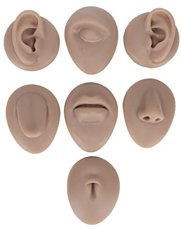 Kroppspiercing, övningsmodell, mjuk silikonpiercing, övningsdelar med tung- och munmodell, ögon-näsa, öronmodell, för smyckesvisning, övande sutur (mörk hudfärg)
