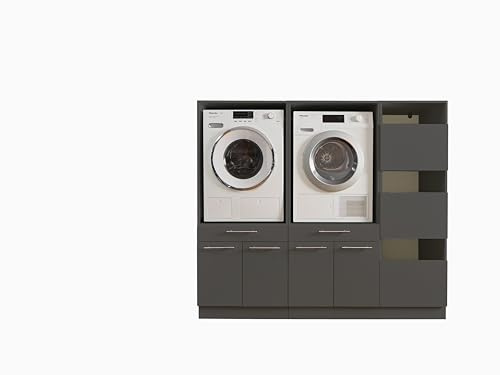 LAUNDREEZY 2x Waschmaschinenschrank mit Wäscheschrank, Anthrazit - Waschmaschinen-Überbauschrank TÜV-zertifiziert mit viel Stauraum - 185 x 162 x 67,5 cm (B/H/T)