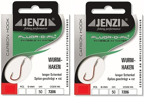 Set: 2 Packungen Wurmhaken (12 Stück), von Jenzi rot Gebunden an Fluor Carbon, 50 cm, Allroundhaken, Hakengröße: 2, 4, 5, 6, 8, 10, 14+ gratis Petri Heil! Aufkleber