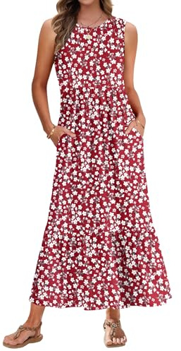 AUSELILY Vestido Largo Mujer Verano Cuello Redondo Sin Mangas Casual Elegante Maxi Vestido de Playa con Bolsillos XXL Flores Rojas