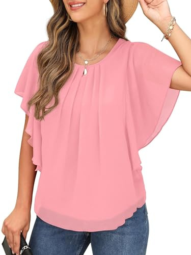 QIXING Chiffon Kurzarm Bluse Damen Sommor Top Damen Elegant Rundhals-Ausschnitt Batwing Sleeve T Shirt Fledermausärmel Tunika (Rosa, XXL)