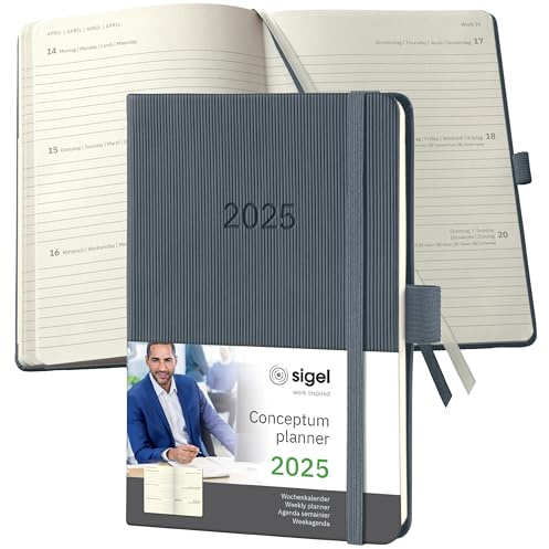 SIGEL C2567 Wochenplaner Wochenkalender 2025, ca. A6, dunkelgrau, Hardcover, 176 Seiten, Gummiband, Stiftschlaufe, Archivtasche, aus nachhaltigem Papier, Conceptum
