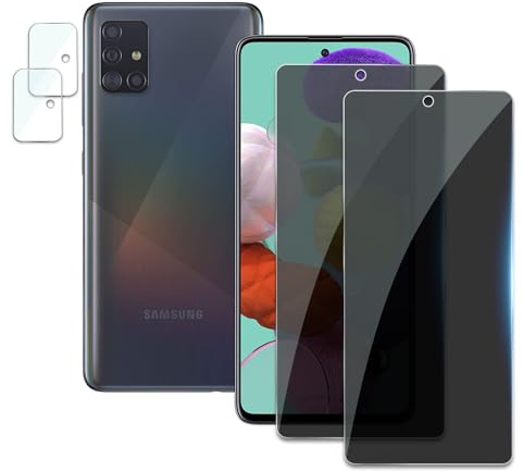 2 Stück Sichtschutz für Samsung Galaxy A51 mit 2 Stück Kameraschutz, Anti-Spähen Privatsphäre Schutzfolie,Anti-Spy Panzer Schutz Glas Folie, HD Blickschutzfolie, 9H Härte, Anti-Kratzer