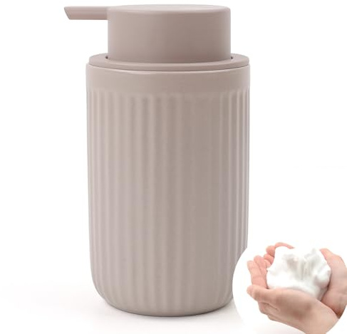 Seifenspender Umlaca Spülmittelspender, Nachfüllbarer Soap Dispenser Keramik 350ml, Großer Pumpenkopf lässt Sich leicht drücken, Geeignet für Küche, Bad (Streifen Khaki, Schaumseifenspender)