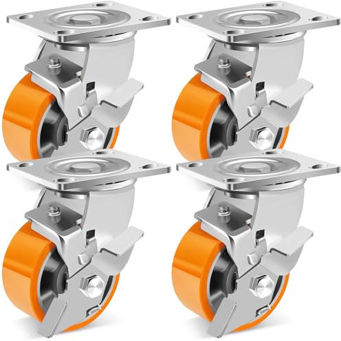W B D WEIBIDA 100mm Ruedas Giratorias Industriales con Freno, Ruedas Pesados con Núcleo de Aluminio, Carga de 1450KG, Ruedas para Muebles de Poliuretano Duradera, para Banco de Trabajo, Juego de 4