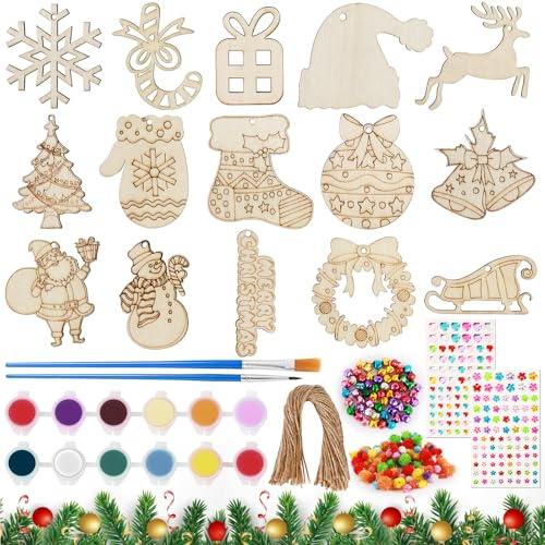 Annickee 60 Stück Weihnachten Holzanhänger, Holz Hängende Dekorationen mit Schnur, Holzanhänger zum Bemalen mit Pigmentstift und Kristallaufkleber, für DIY Handwerk, Scrapbooking, Innenausstattung