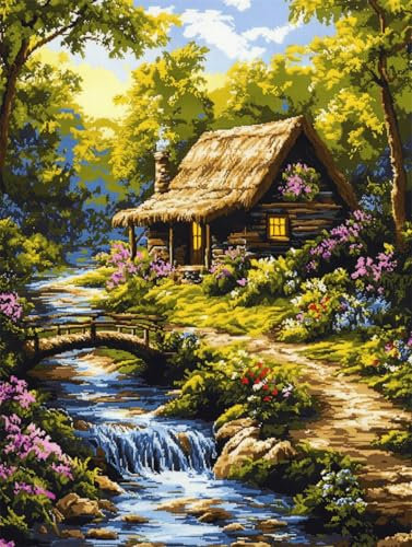N.LANSHAN DIY Knüpfteppich Countryside Cottage DIY Bastelset Fantasy Landschaft Knüpfteppich Set Stickset,Knüpfteppich Für Anfänger,Bastelsets Dekoration 55x75cm