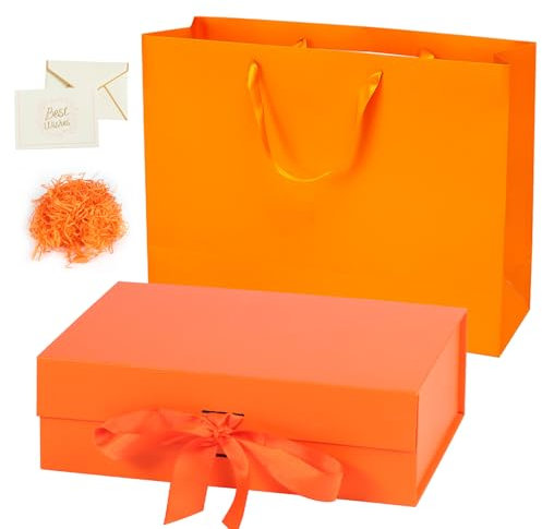 URHRHU Magnetische Geschenkschachtel 26 x 19 x 8 CM Faltbare Geschenkboxen Rechteckige Geschenkverpackung Geburtstag mit Grußkarten Magnetbox für Hochzeit Weihnachten Valentinstag (Orange)