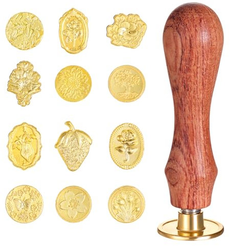 Bewudy 12 Stück Wachssiegel Stempel, Vintage abnehmbarer Messingkopf mit 1 Stück Holzgriff DIY Holz Wachs Siegel Stempel für Geschenk Einladungen Umschläge Briefe